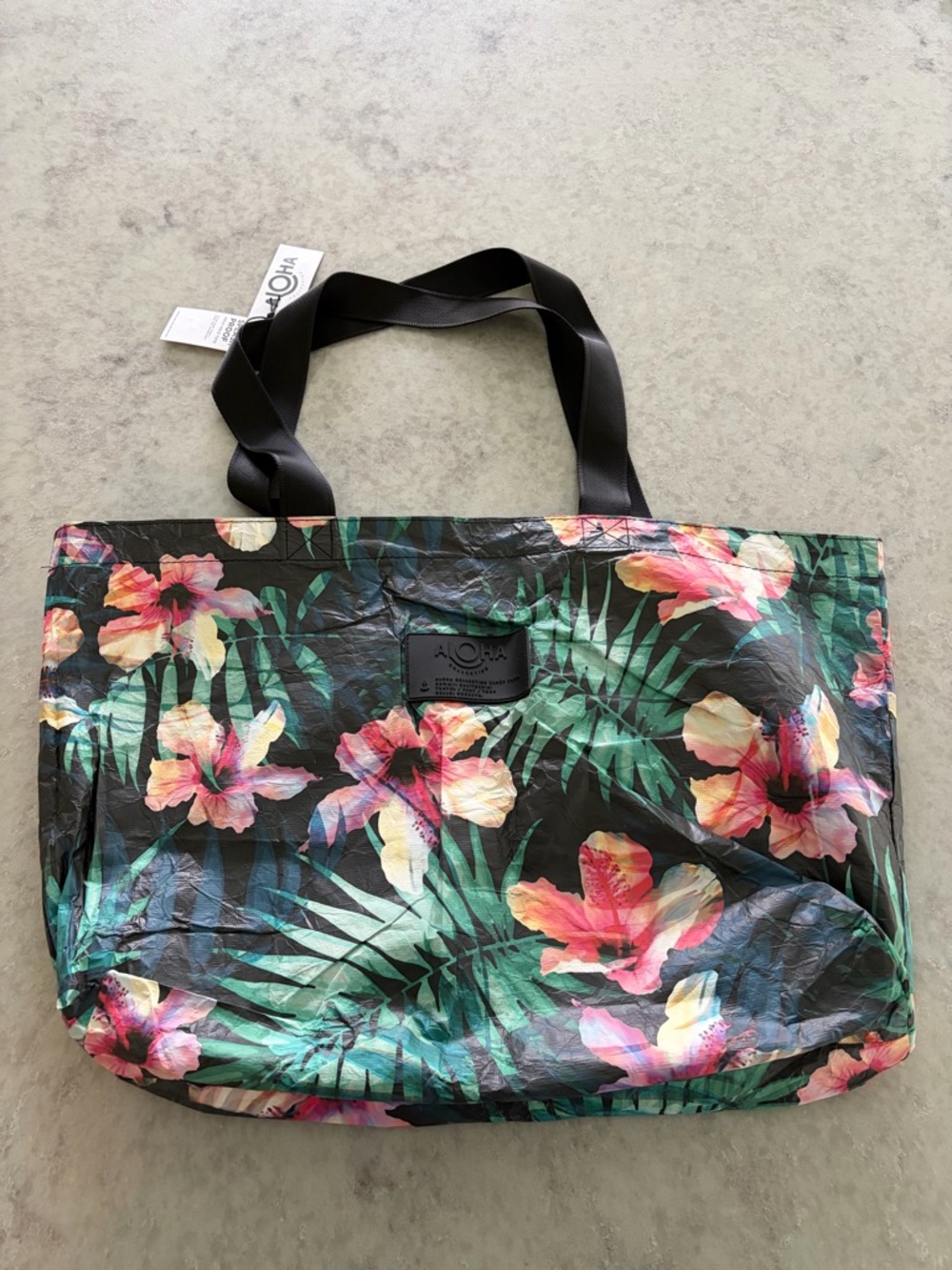 ALOHA Collection Tropical Floral Black Tote with Pink and Green Accents - NWT